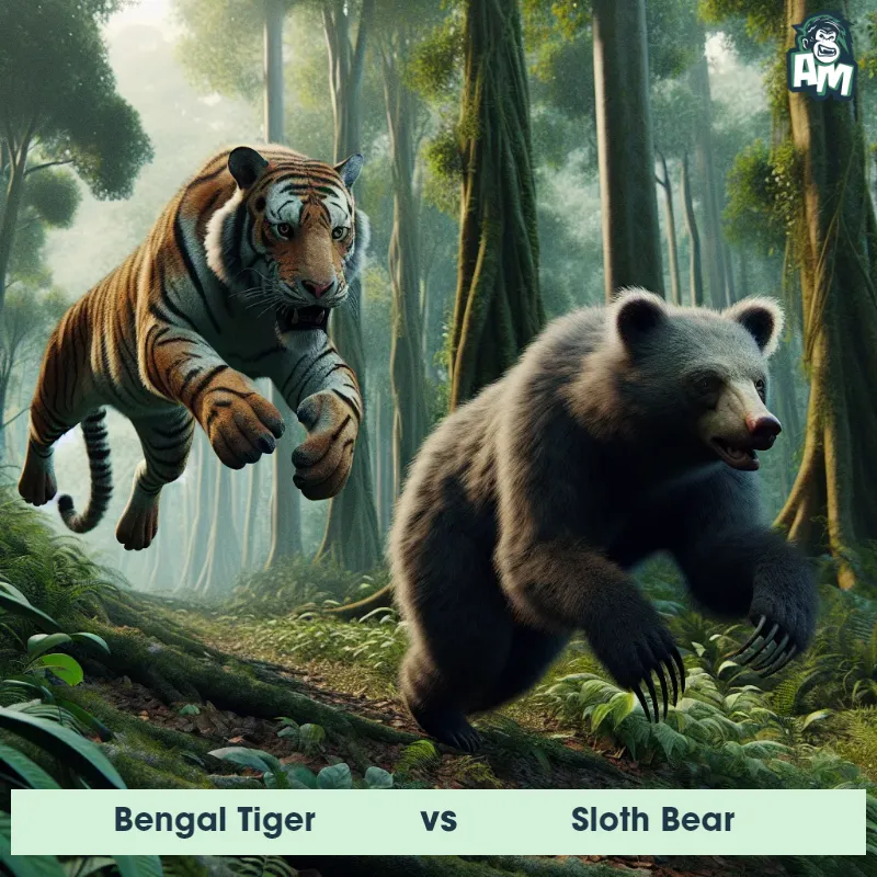 Bengal Tiger vs Sloth Bear, Chase, Bengal Tiger On The Offense - Animal Matchup