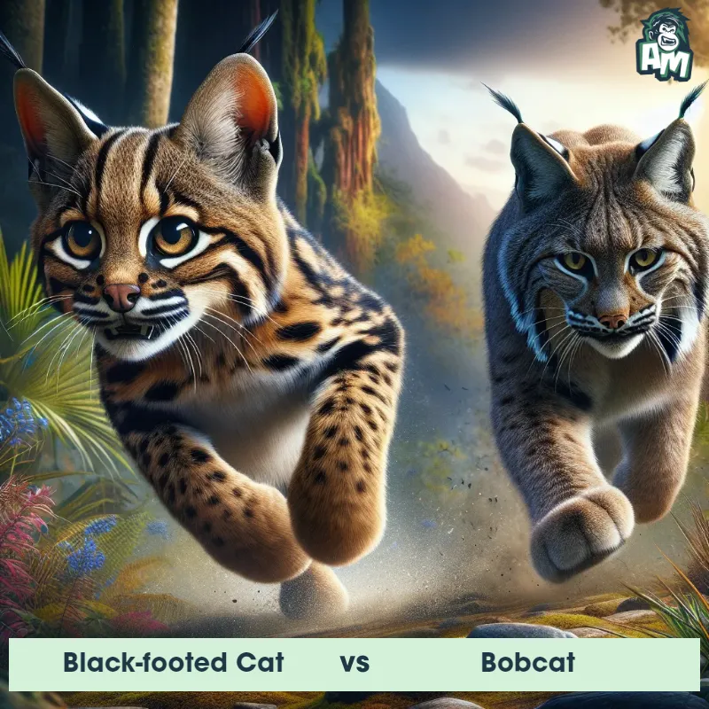 Black-footed Cat vs Bobcat, Chase, Black-footed Cat On The Offense - Animal Matchup
