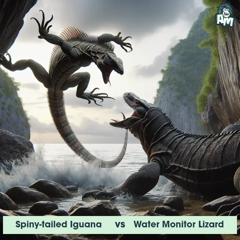 Spiny-tailed Iguana vs Water Monitor Lizard, Fight, Spiny-tailed Iguana On The Offense - Animal Matchup